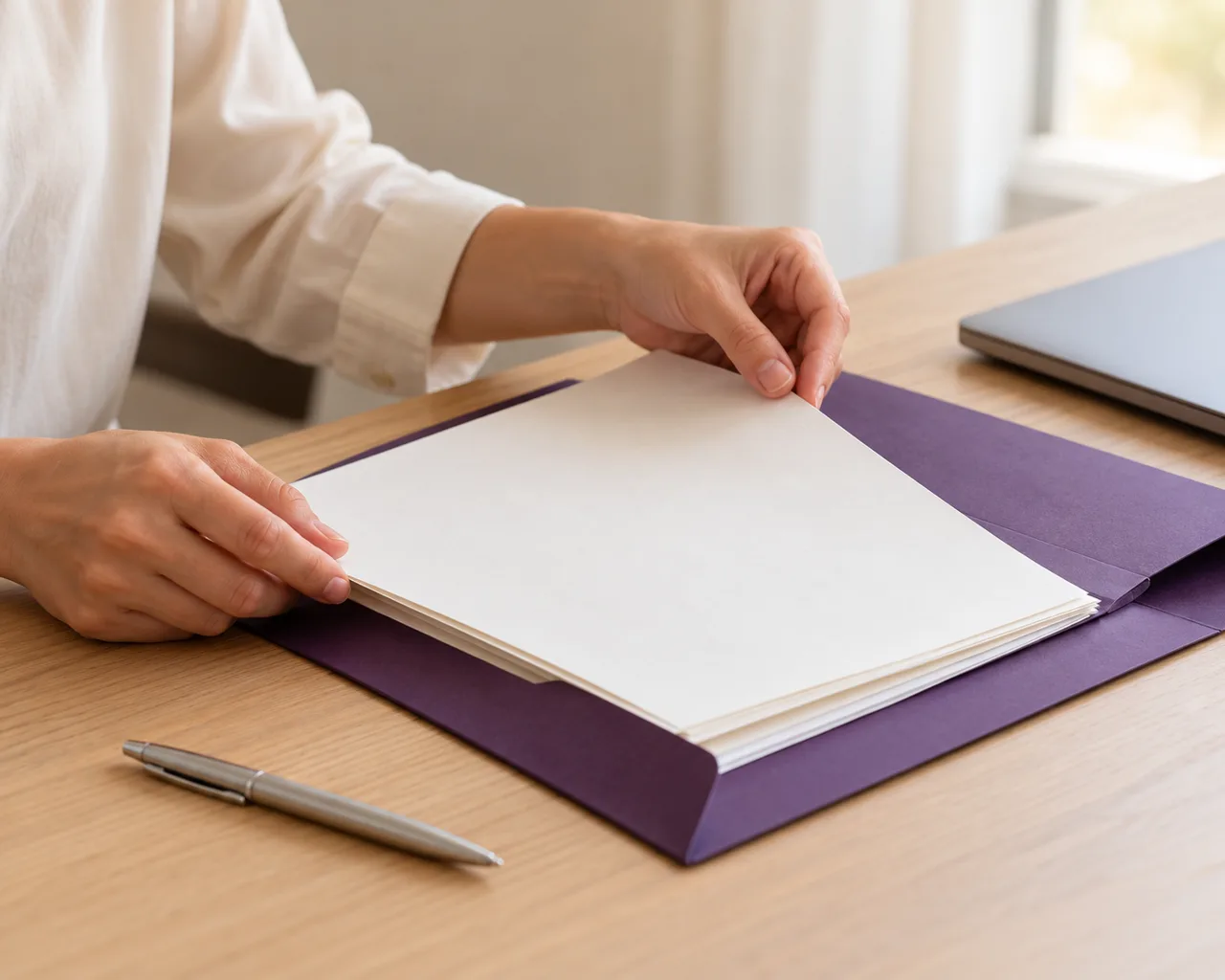 Illustrative document preparation scene with a purple folder